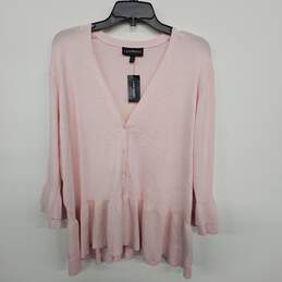 Pink 3/4th Bell Sleeve Button Up V Neck High Low Cardigan