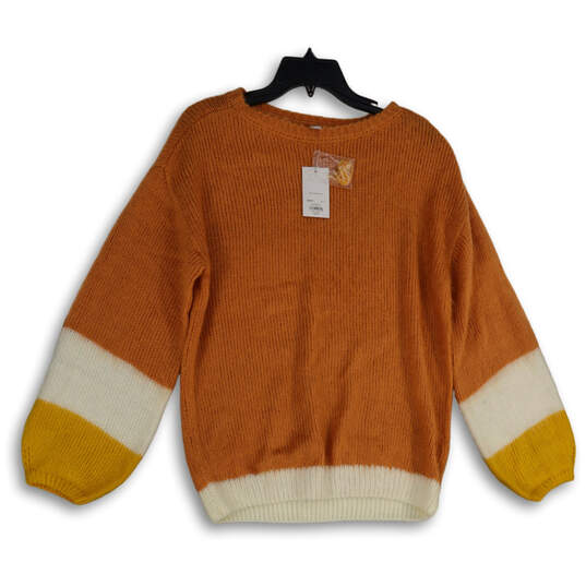 NWT Womens Orange White Knitted Crew Neck Long Sleeve Pullover Sweater Sz M image number 1