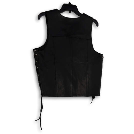 Mens Black Leather V-Neck Side Lace Snap Front Motorcycle Vest Size Medium image number 2