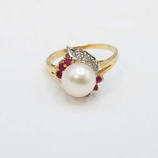 14K Gold Diamond Ruby & Cubic Zirconia FW Pearl Sz 5.75 Ring 3.0g image number 2