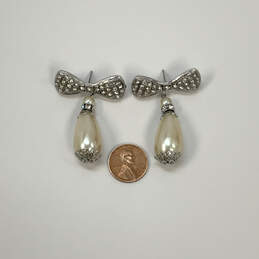 Designer Kirks Folly Silver-Tone Shiny Pearl And Crystal Bow Drop Earrings