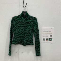 Diane Von Furstenberg Womens Green Black Wool Button-Up Shirt Size 0 w/ COA