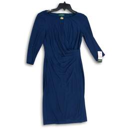 NWT Ralph Lauren Womens Blue Long Sleeve Keyhole Neck Sheath Dress Size 4