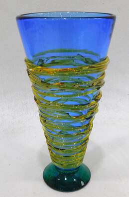 Young-Constantin Hand Blown Art Glass Blue Yellow Teal Vase Signed alternative image