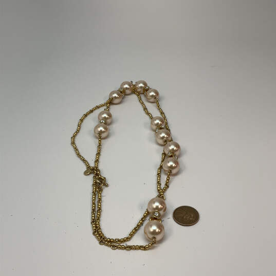 Designer J Crew Gold-Tone Double Strand Pearl Bead Link Chain Necklace image number 3