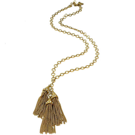 Designer J. Crew Gold-Tone Link Chain Rhinestone Tassel Pendant Necklace image number 3
