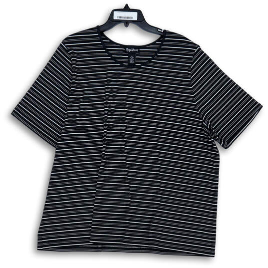Womens Black White Striped Round Neck Short Sleeve Pullover T-Shirt Size 1X image number 1