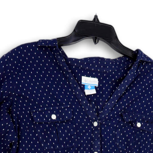 Womens Blue White Polka Dot Collared Long Sleeve Button-Up Shirt Size M image number 4