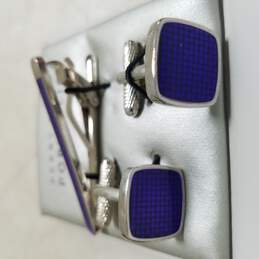 Perry Ellis Portfolio Silver/Purple Cuff Links & Tie Bar Clip Set