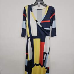 Multicolor Geo Print V Neck Dress With Sash