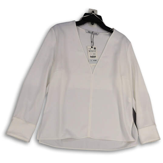 NWT Womens White Long Sleeve V-Neck Side Slit Pullover Blouse Top Size XL image number 1