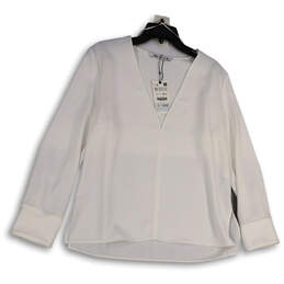 NWT Womens White Long Sleeve V-Neck Side Slit Pullover Blouse Top Size XL