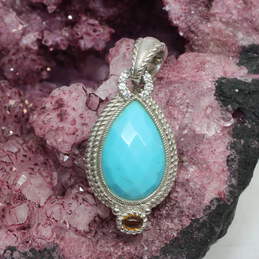 Judith Ripka Signed Sterling Silver Turquoise, Citrine, & CZ Accent Pendant - 10.4g