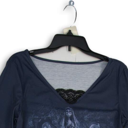 NWT Romwe Womens Blue Lace Trim Long Bell Sleeve Cropped Blouse Top Size L image number 3
