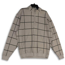 Mens Tan Black Check Long Sleeve 1/4 Zip Golf Pullover Sweatshirt Size L
