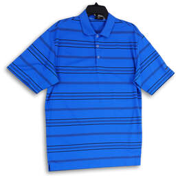 Mens Black Blue Striped Spread Collar Short Sleeve Golf Polo Shirt Size L