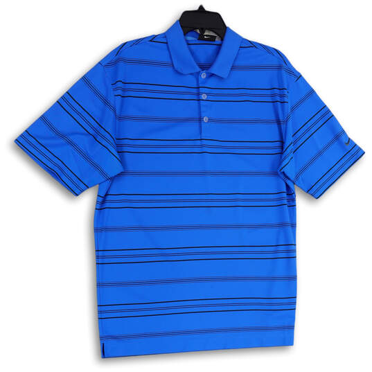 Mens Black Blue Striped Spread Collar Short Sleeve Golf Polo Shirt Size L image number 1