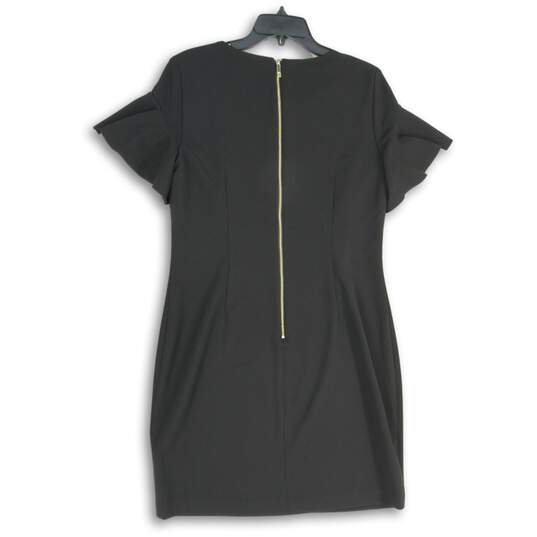 Womens Black Round Neck Ruffle Sleeve Back Zip Short Sheath Dress Size 12 image number 2
