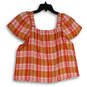 NWT Womens Pink Orange Plaid Square Neck Short Sleeve Crop Blouse Top Sz M image number 2