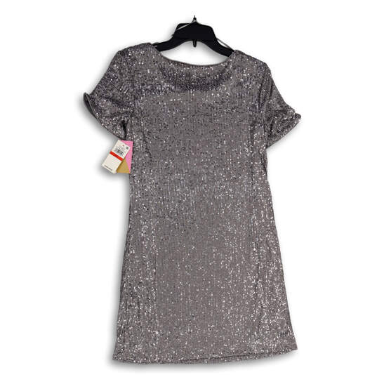 NWT Womens Silver Sequin Round Neck Short Sleeve Shift Dress Size XS image number 2