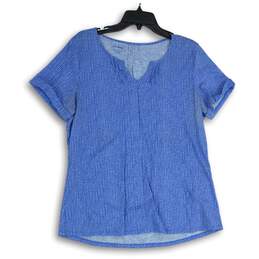 L.L.Bean Womens Blue White Short Sleeve Split Neck Blouse Top Size Large