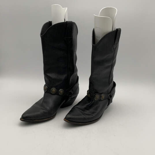 Mens Black Leather Almond Toe Mid-Calf Pull On Cowboy Western Boots Sz 10 B image number 1