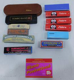 Set of Twelve (12) Harmonicas and Booklet; Hohner, Koch, Tombo, Etc.