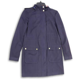 Womens Blue Hooded Flap Pockets Long Sleeve Rain Coat Size XS
