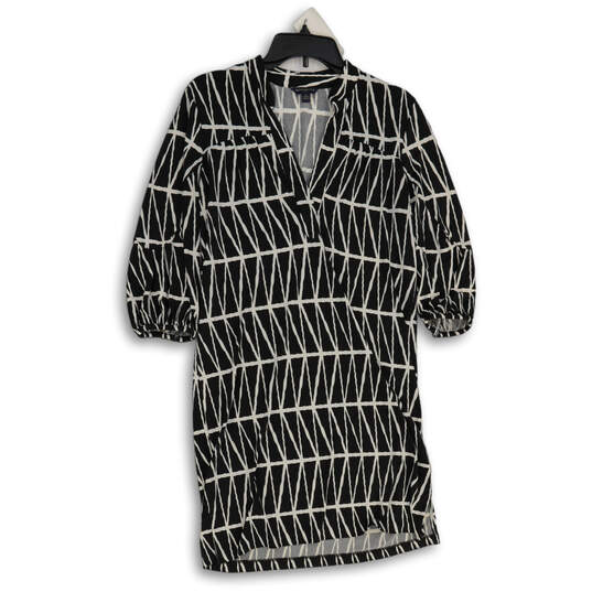 Women's Black White Printed Long Sleeve Split Neck Shift Dress Size Medium image number 1