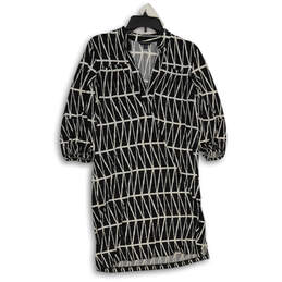Women's Black White Printed Long Sleeve Split Neck Shift Dress Size Medium