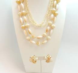 Vintage & Hong Kong Goldtone Faux Pearls & Carved White & Brown Beaded Necklaces & Matching Clip On Earrings Set 54.5g