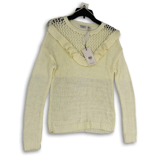NWT Womens Ivory Knitted Round Neck Crochet Ruffle Pullover Sweater Size XS image number 1