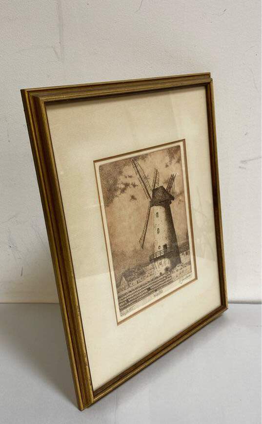 Wells Print of Windmill by P. Garbera Signed. Matted & Framed image number 2