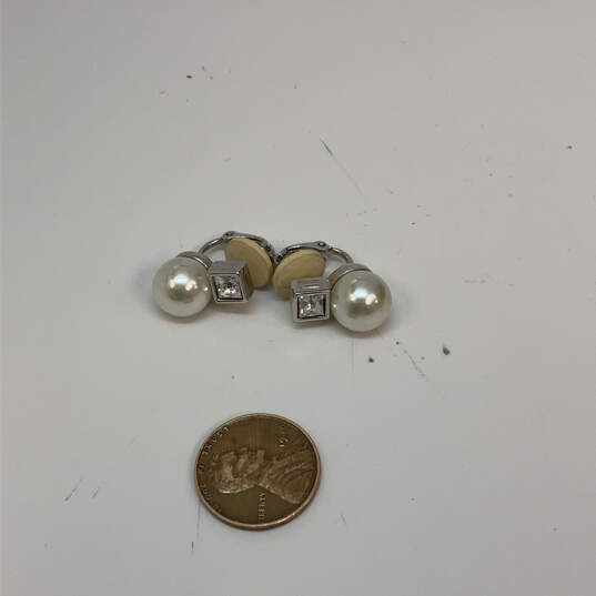 Designer Swarovski Silver-Tone Pearl Rhinestone Clip On Stud Earrings image number 3