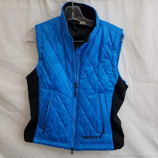 Marmot blue and black quilted puffer vest women's S image number 1