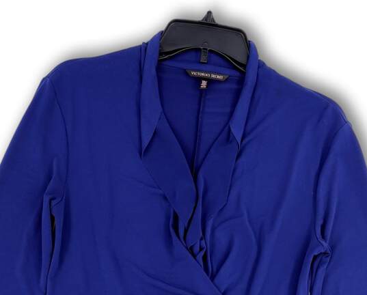 Womens Blue Surplice Neck Long Sleeve Pullover Wrap Dress Size Medium image number 3