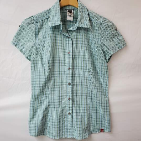 The North Face Short Sleeves Blue Yellow Plaid Shirt Women's S/P image number 1
