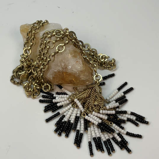 Designer J. Crew Gold-Tone Chain White Black Beaded Tassel Pendant Necklace image number 1