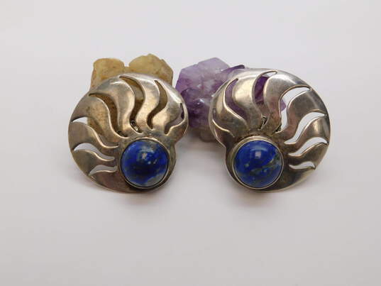 Artisan 925 Sterling Silver Lapis Lazuli Sunbeam Cut Out Statement Clip-On Earrings 31.1g image number 4