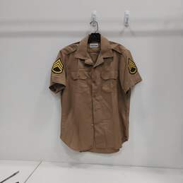 Mens Tan Epaulettes Patches Short Sleeve Military Button Up Shirt Size 16-16.5
