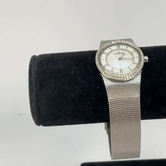 Designer Skagen Silver-Tone Dial Rhinestone Chain Strap Analog Wristwatch image number 1