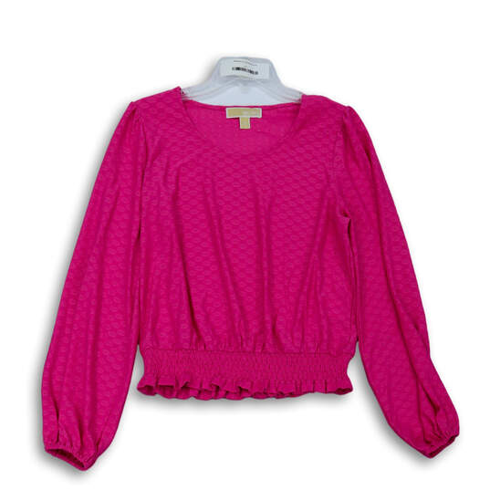 Womens Pink Long Sleeve Round Neck Ruffle Smocked Blouse Top Size Medium image number 1