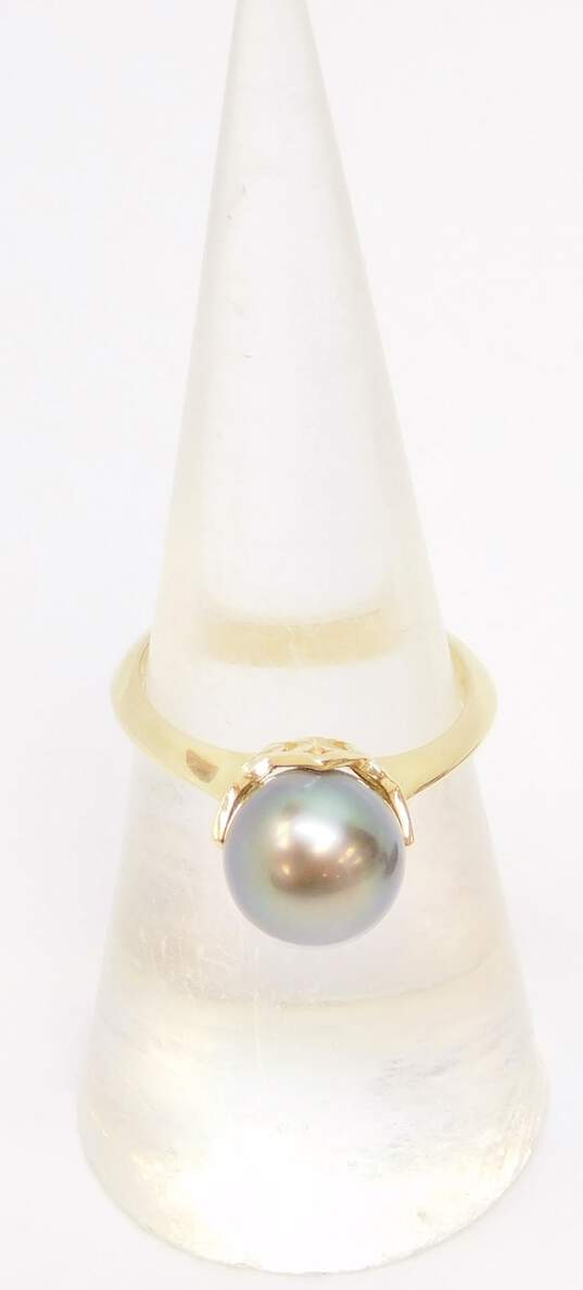 14K Gold Faux Dark Pearl Solitaire Ring 3.5g image number 2