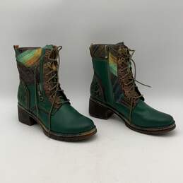 L'Artiste Womens Green Brown Plaid Side Zip High Heel Ankle Boots Size 41 alternative image