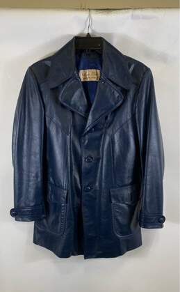 Vintage Philippe Monet Mens Blue Pockets Long Sleeve Leather Jacket Size 36