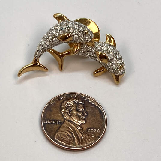 Designer Swarovski Gold-Tone Rhinestones Crystal Dolphin Brooch Pin image number 3