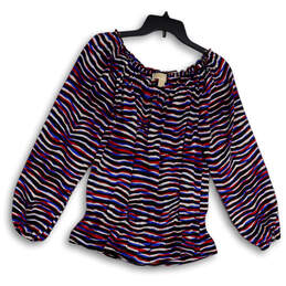 Womens Multicolor Balloon Sleeve Pleated Round Neck Blouse Top Size M