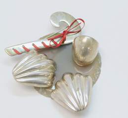 Artisan & Mexico 925 Modernist Puffed Shell Drop Post Earrings Chunky Dome Band Ring & Red String Candy Cane Brooch 27.2g