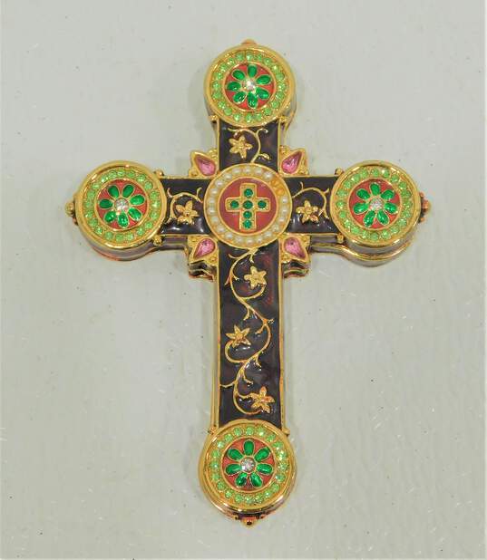 Religious Cross Jeweled Enamel Trinket Box Unhinged image number 1