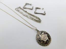 Taxco Sterling Silver Aztec Calendar Pendant Necklace Abstract Hoop Earrings & Wavy Bracelet 32.9g